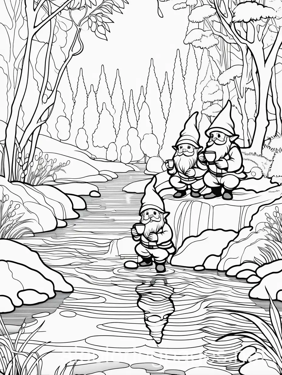 Two-Gnomes-Enjoying-Tea-by-a-Calm-Stream-Coloring-Page