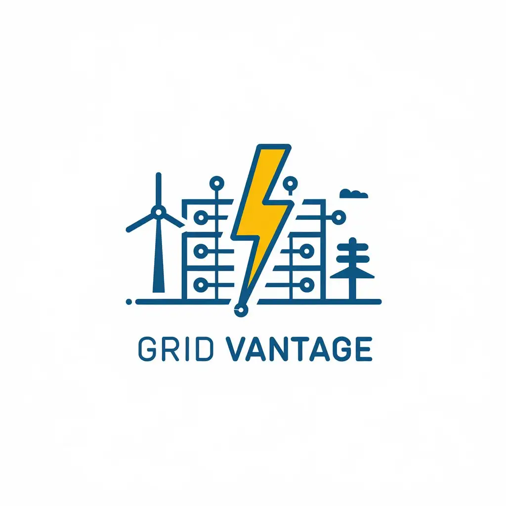 LOGO Design for Grid Vantage Blue Yellow with Lightning and Wind Turbine Theme