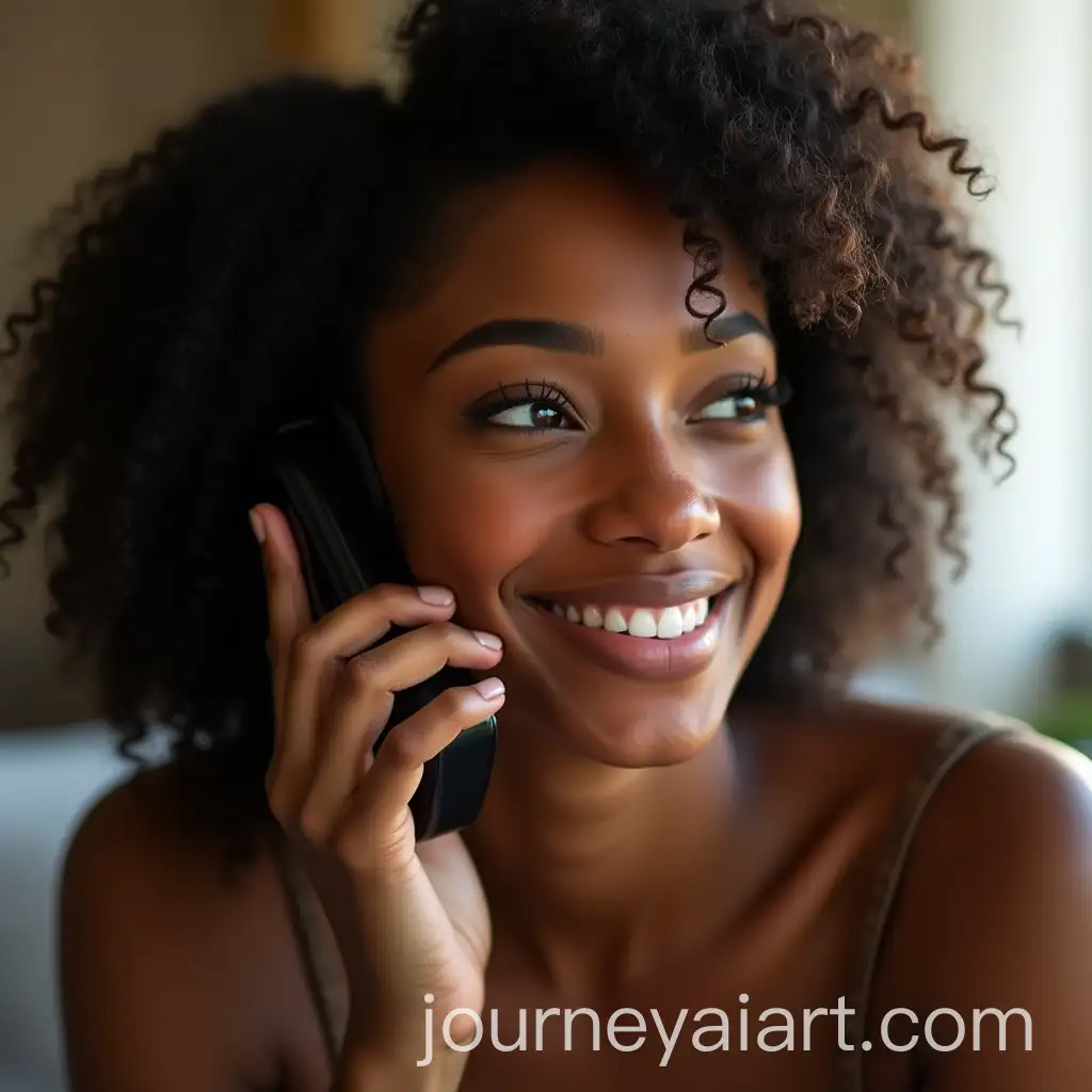 Young-Black-Woman-with-MediumLength-Curly-Hair-TalkingAI-Image-Prompt-Expansion-on-the-Phone-in-Cozy-Living-Room