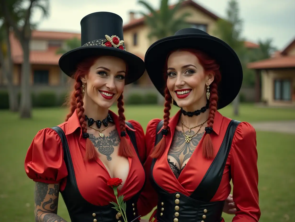 Two white, round Pin-up girls 70 years old with red braids wear a low cut red and black mixed blouse, with a light laugh on their mouth, Tattoos, gold top hat, red lipstick emphasizes their smile, modern jewelry, black skin, and carnation in hand, in a park with many houses in Brazil Cyberpunk 8k quality