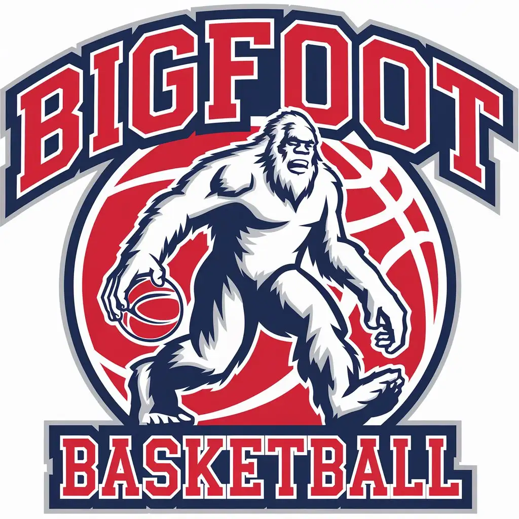 LOGO Design for Bigfoot Basketball Red White and Blue with Bigfoot Playing Basketball