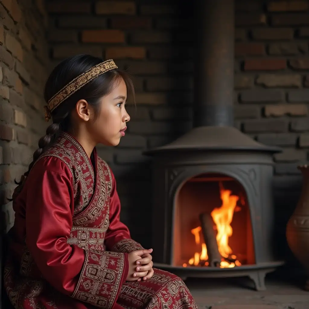 show me 5 images girl wearing ethnic mongolian costume sitting near fire stove