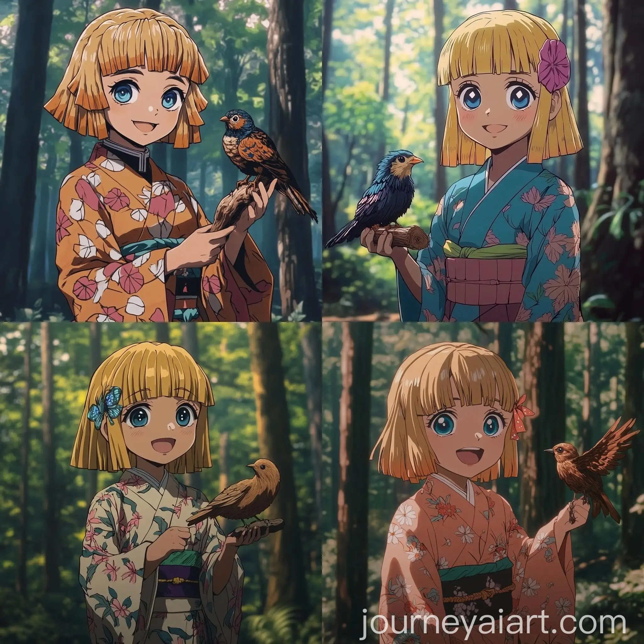 Anime-Style-Girl-in-Kimono-Holding-Wooden-Bird-in-Forest