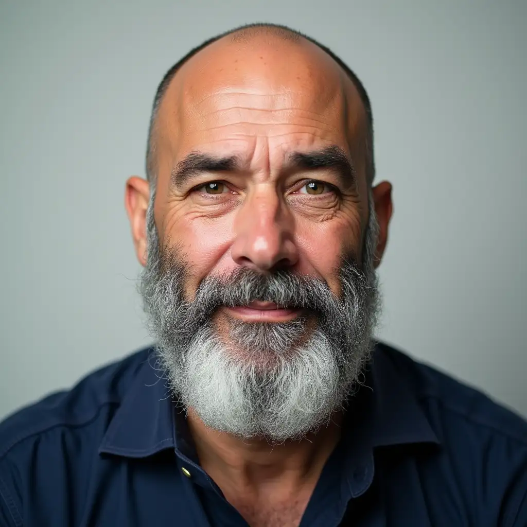 Headshot of a man in his 50s, shoulders-up, completely bald and shaved head, very round face, very long bushy grey beard, green/hazel eyes, dark prominent eyebrows, full lips, medium-light skin tone, neutral expression, soft natural lighting, wearing a navy collared shirt, clean light and single colored background, squared shoulders, photorealistic and lifelike style, high detail.