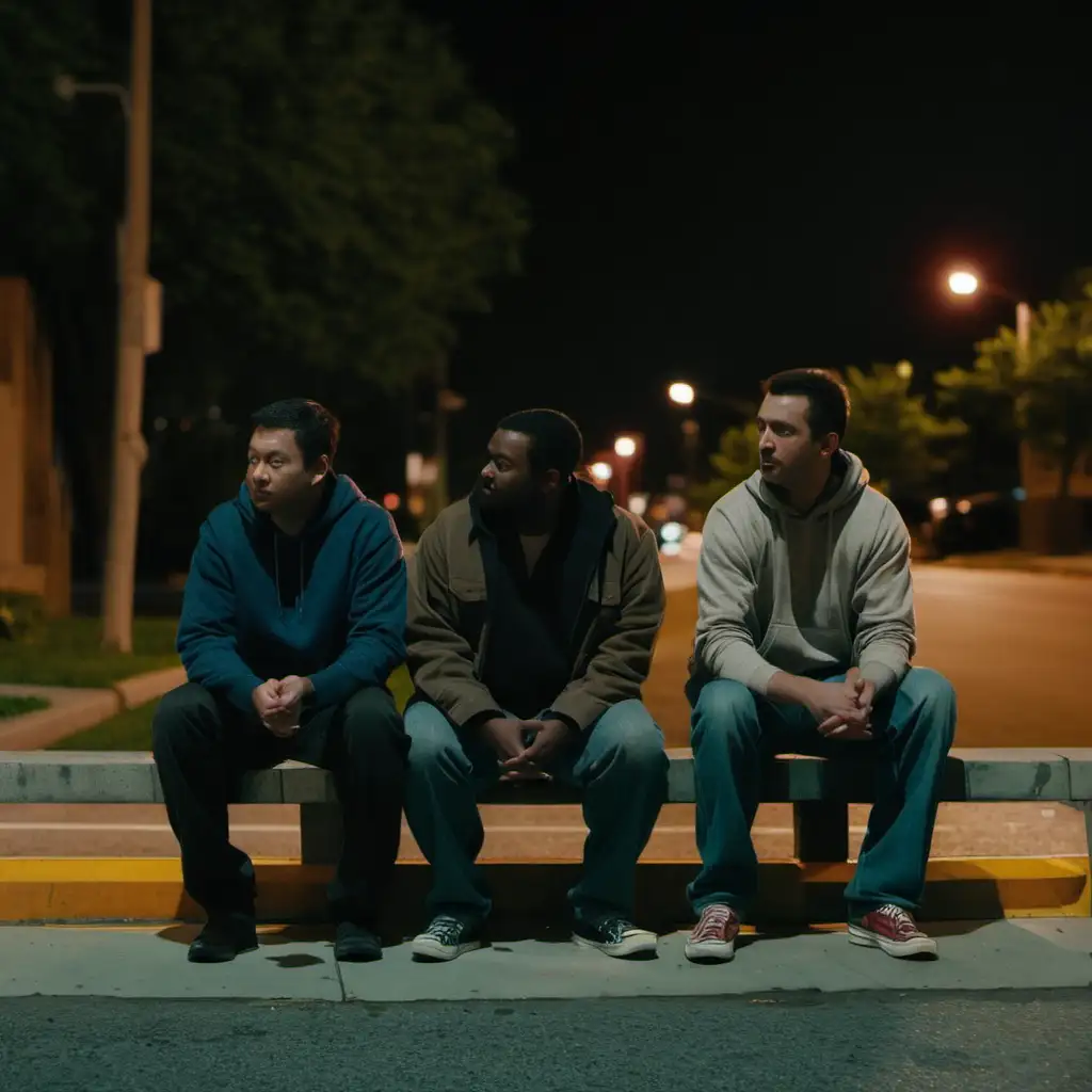 Three Men Sitting on Curb at Night in Casual Attire