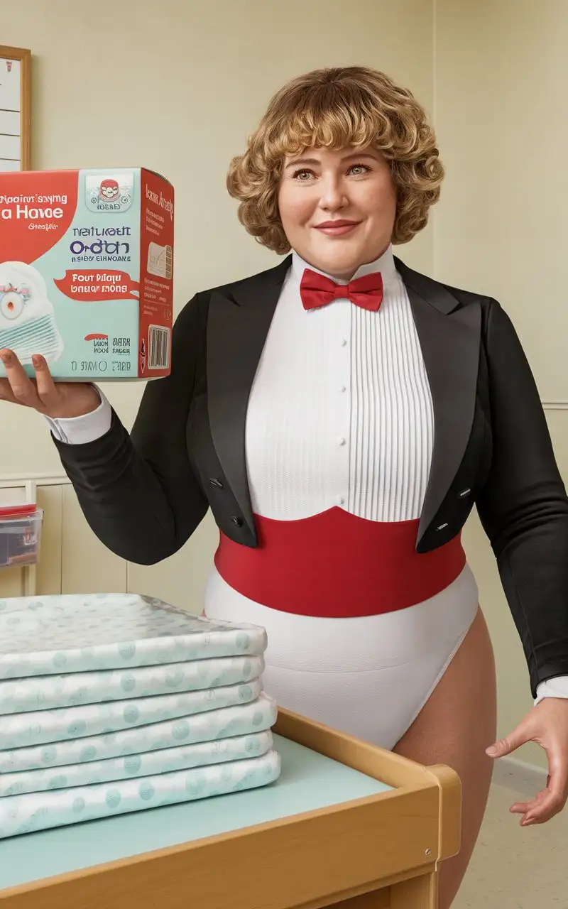 Casual-Daycare-Diaper-Presentation-by-a-Curvy-Woman-in-Formal-Tuxedo