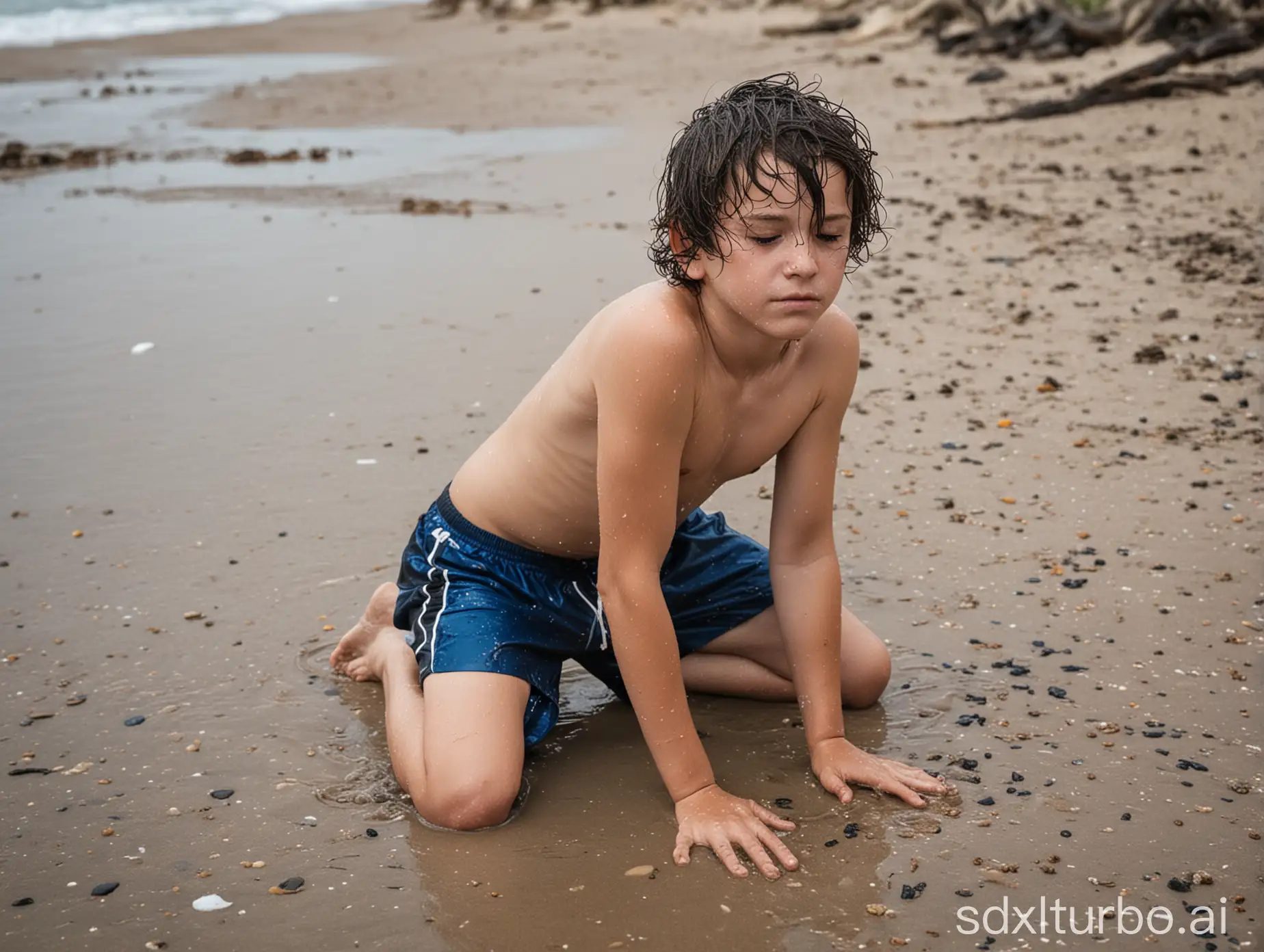 13 year old boy wet messy hair wearing blue and black swim shorts shirtless crouched crawling on hands and knees on the ground eyes closed asleep on the beach