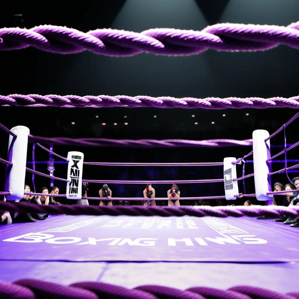 Empty Boxing Ring with Purple Ropes and Crowd of Women