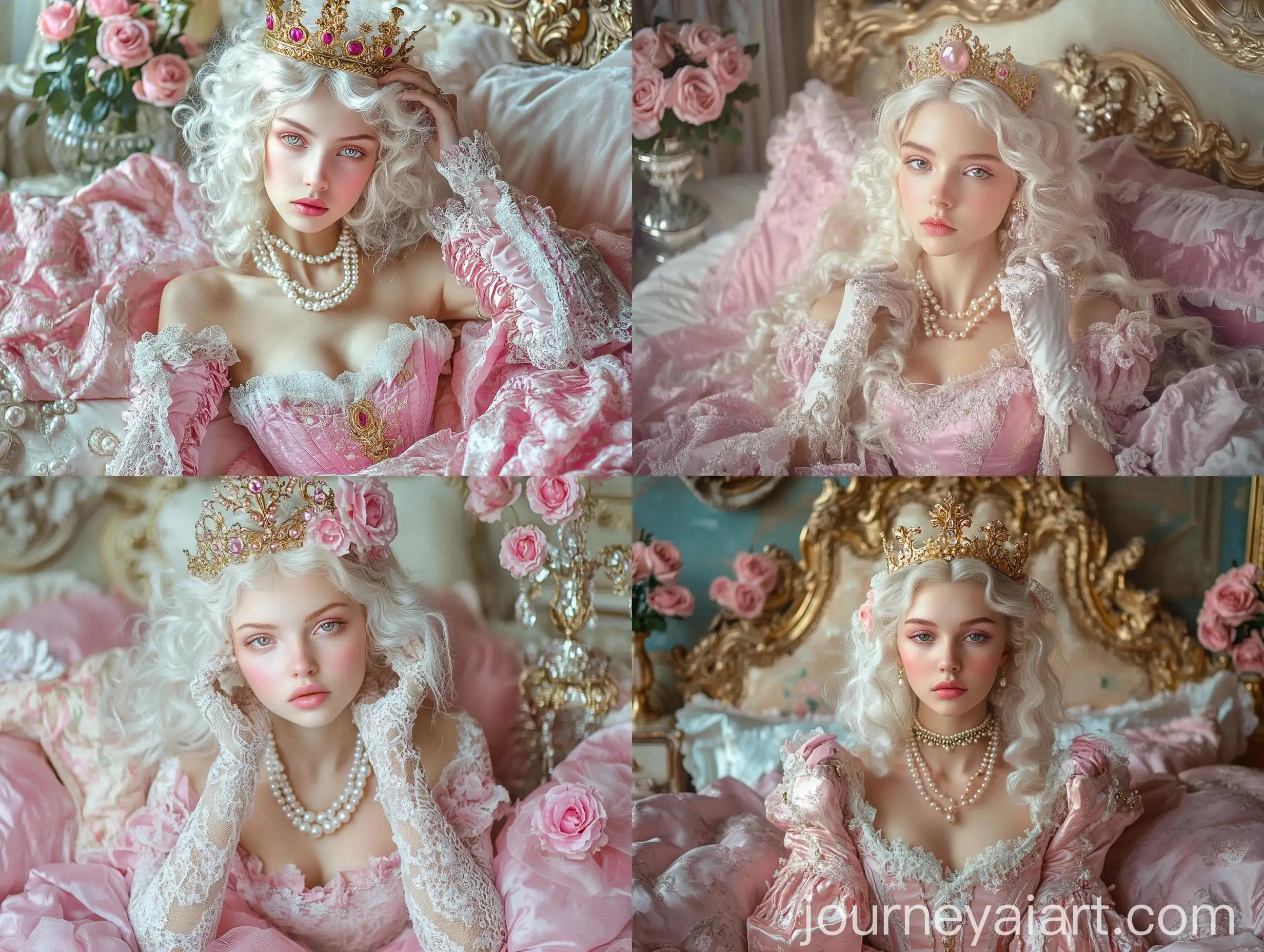 Medieval-Woman-with-Curly-White-Hair-and-Pink-Dress-Adorned-with-Pearls-and-Roses