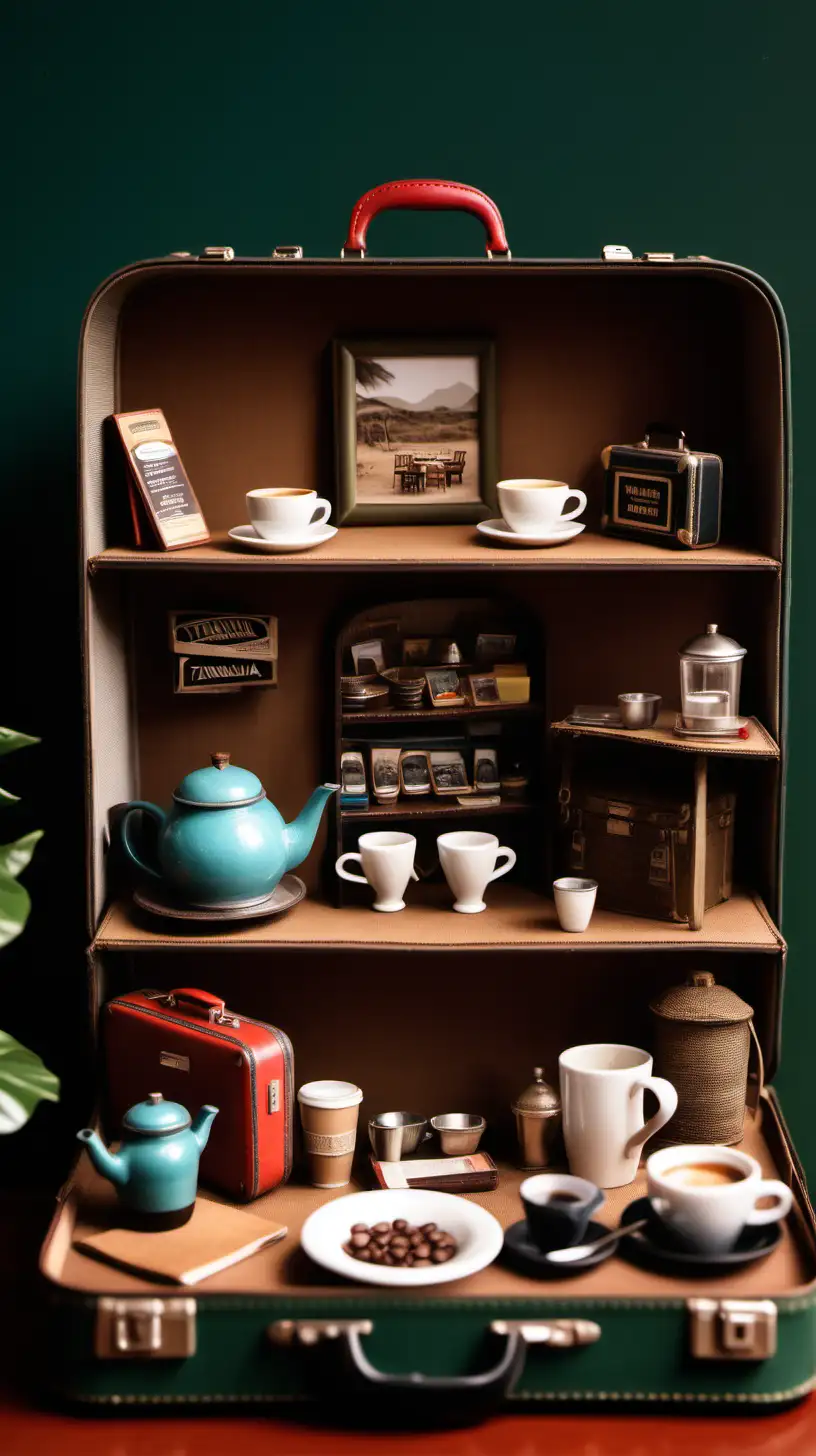 Vintage Suitcase Transformed into a Cozy Tanzanian Coffee Shop Diorama