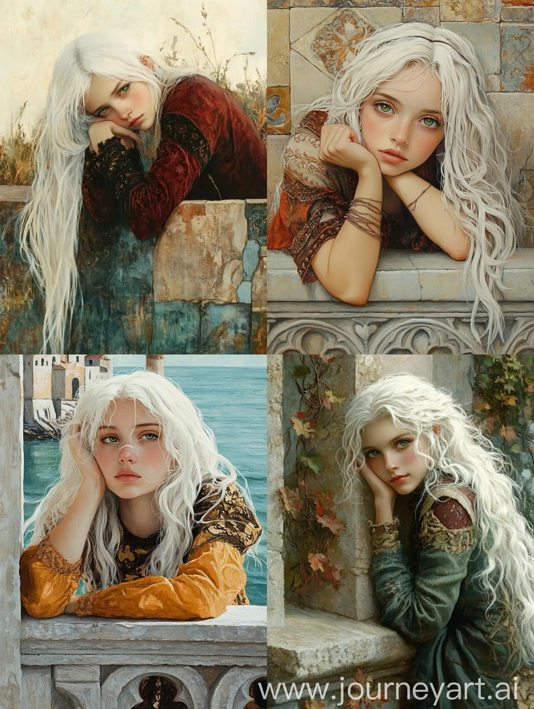 Renaissance-Painting-of-a-Girl-Resting-on-a-Wall-with-White-Hair-and-Green-Eyes