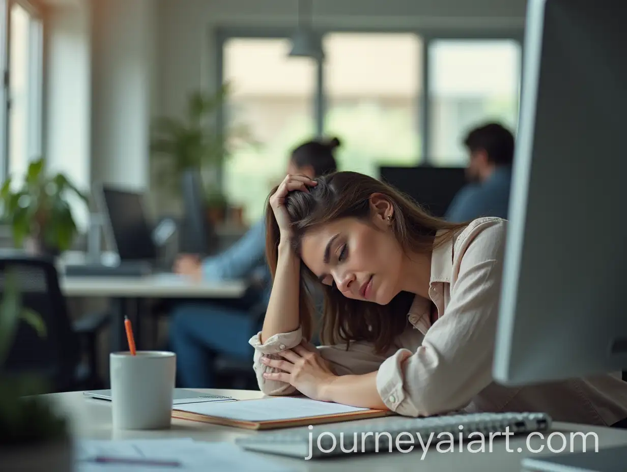 Woman-Napping-at-Workplace-in-Office-Environment