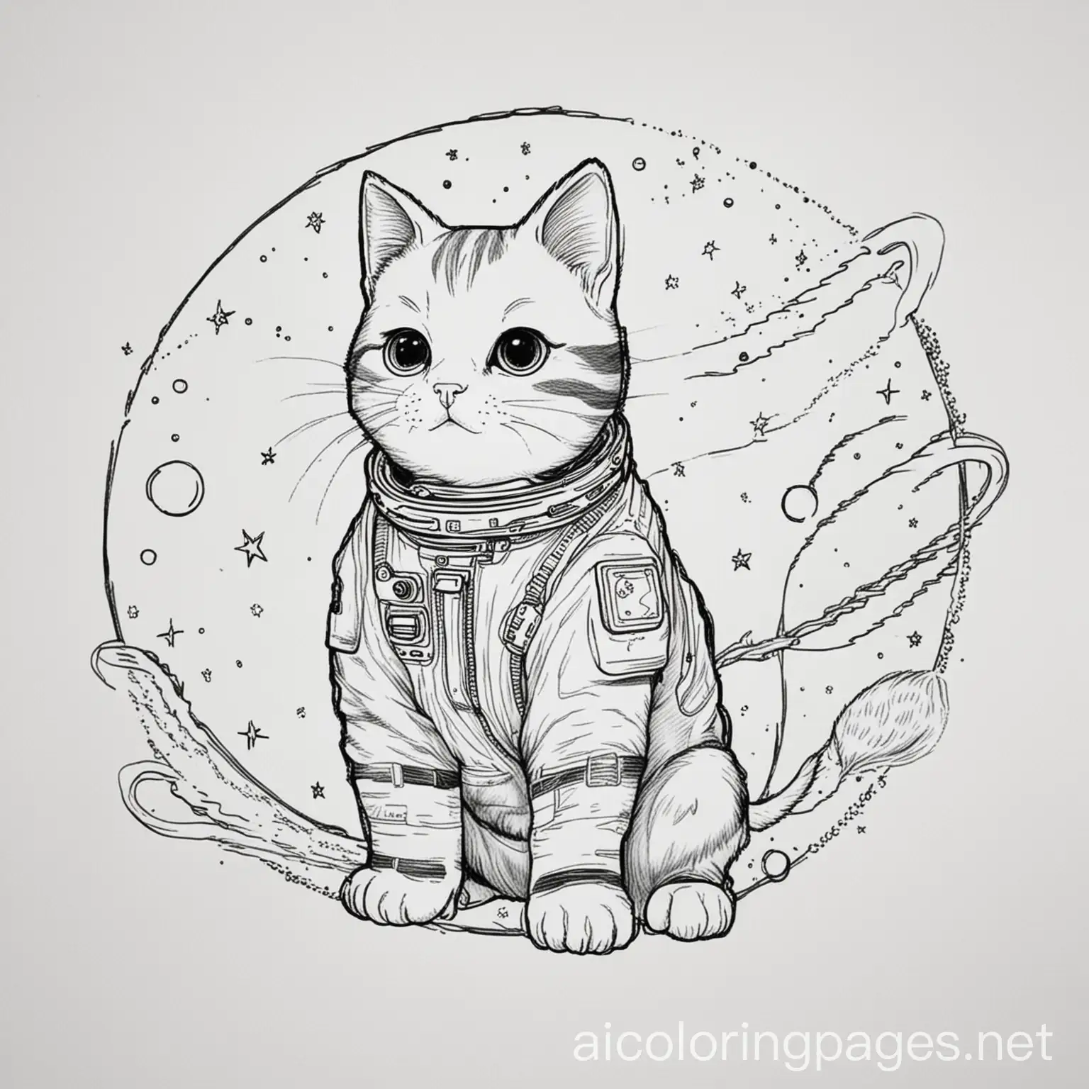 a cat at space, Coloring Page, black and white, line art, white background, Simplicity, Ample White Space. The background of the coloring page is plain white to make it easy for young children to color within the lines. The outlines of all the subjects are easy to distinguish, making it simple for kids to color without too much difficulty