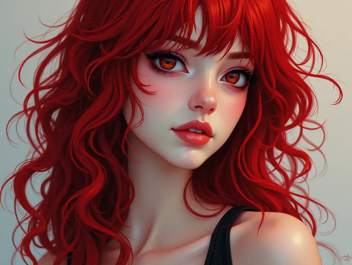 Depiction of a beautiful white woman with long red and black mix