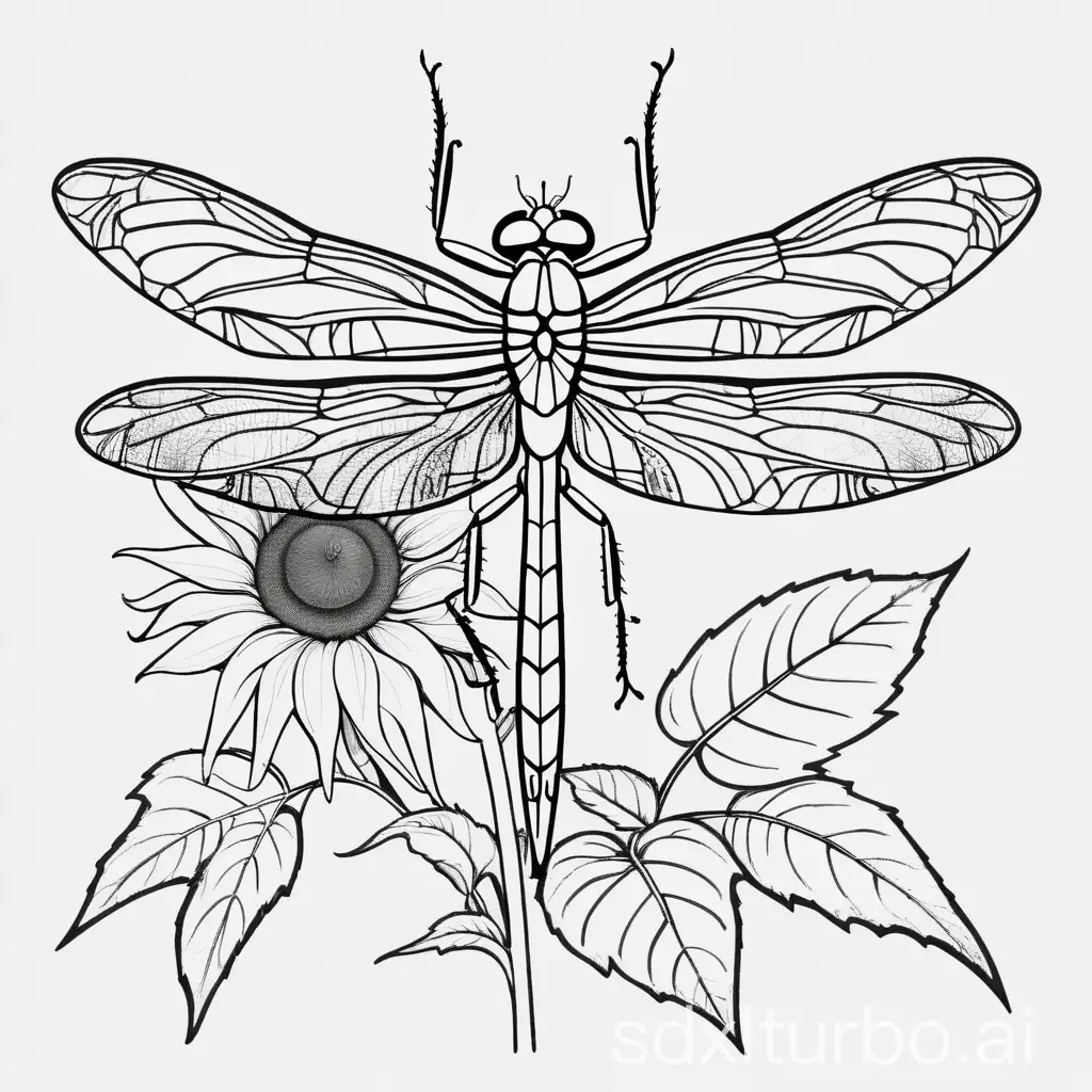 Draw a sunflower plant shaped like a dragonfly abstract art, with leaves that are the dragonfly's wings. Tattoo thick line art drawing please. No realistic background, just a white background please.