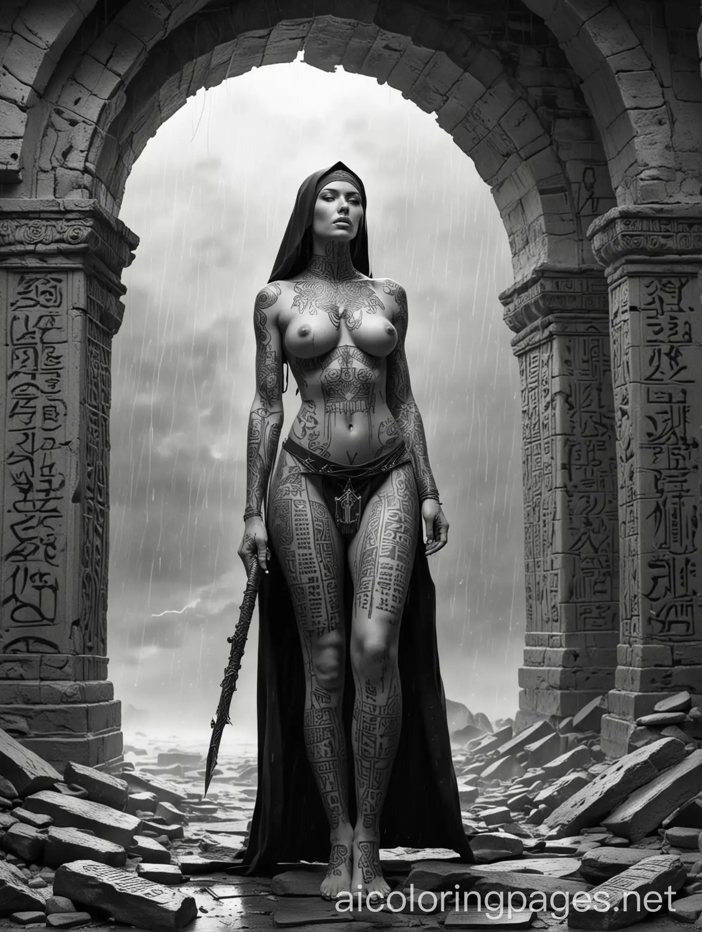 Line art, black on white, voluptueus naked female warrior nun, covered in tattoos of ancient writing. Standing under a destroyed arch. Storm in the sky with lightning and heavy rain. Worshippers at her feet., Coloring Page, black and white, line art, white background, Simplicity, Ample White Space.