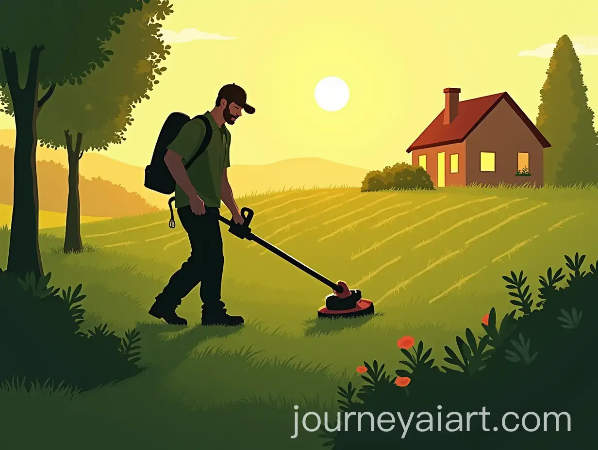 Guy-Using-Electric-Trimmer-in-Vineyard-with-Sunrays-and-Strong-Shadows