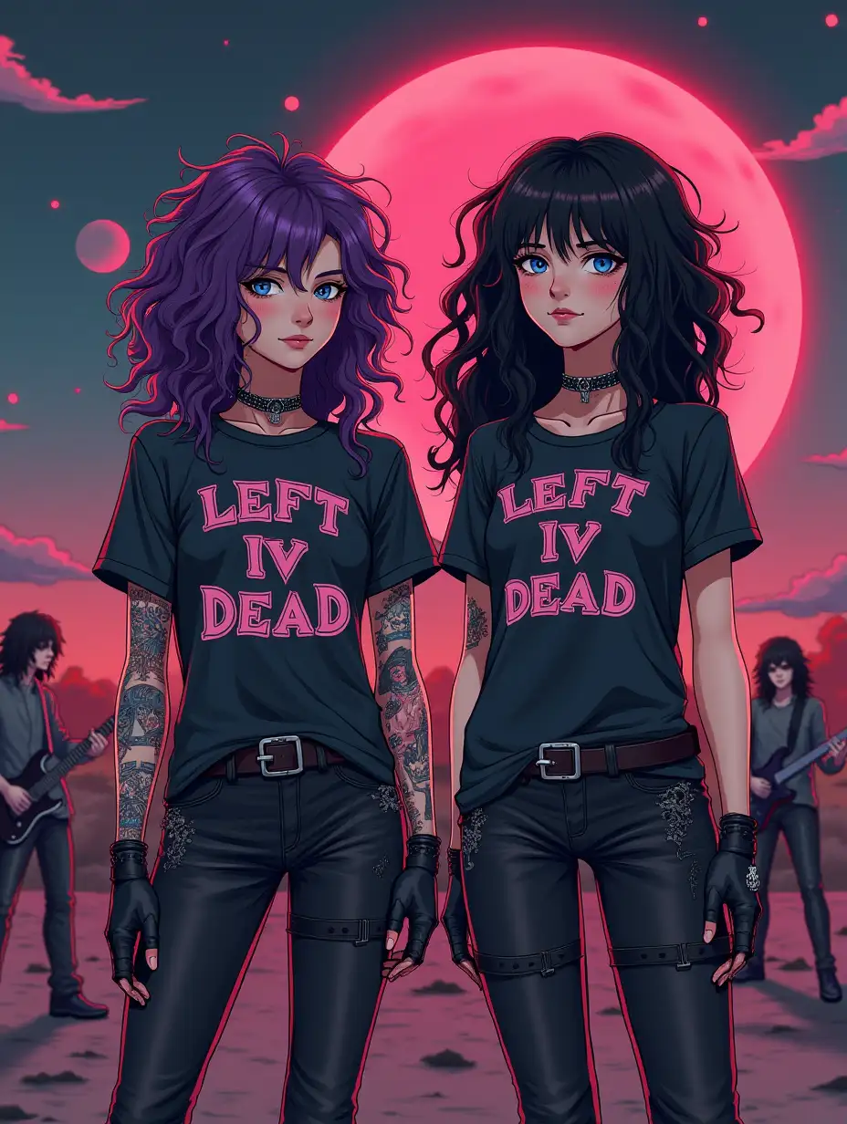 2 girls one 34 years old other 18 years old, both dressed as punk rocker metal heads, with band t-shirt the says, Left IV Dead, one girl has long purple curly hair, the other shoulder length black curly hair, girl with purple hair has tattoos of anime characters on neck,arms,legs, hands, and there is 2 men in background playing guitar, one man playing drums, while another one is singing, on a planet with 4 Moons and red eyes in the sky