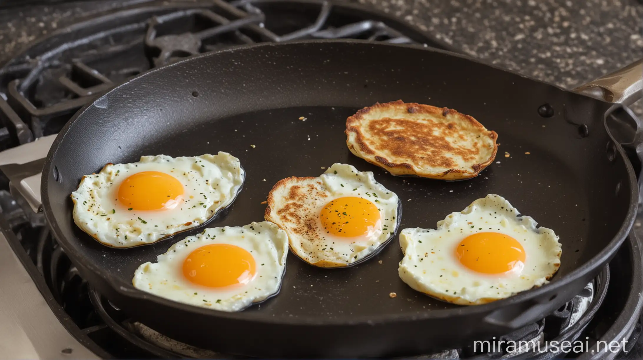 Egg Pouch Cooking on a Nonstick Frying Pan over Gas Stove