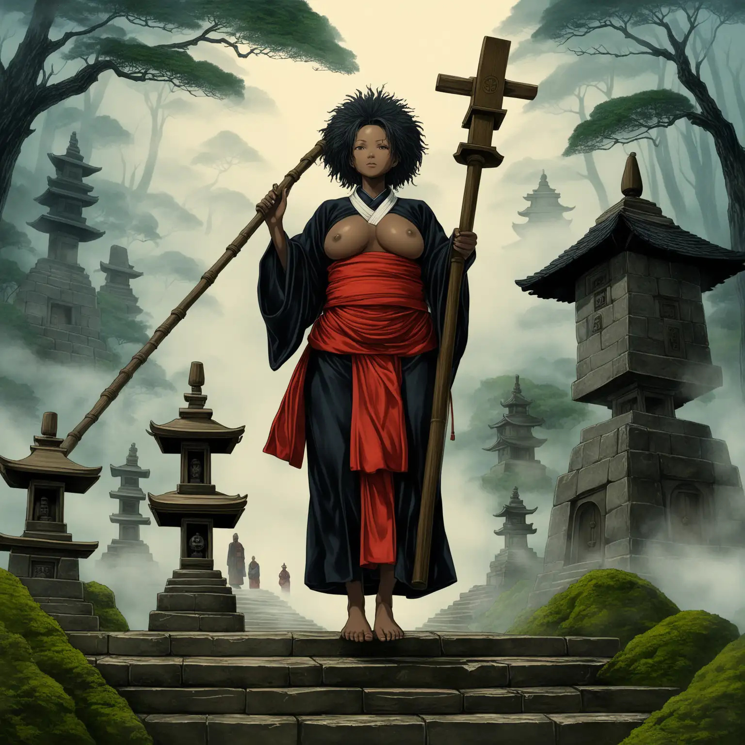 Chief Priest Attired Black Woman in Sakoku Period Temple