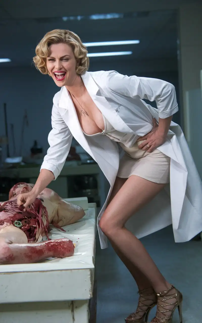 Pathologist Charlize Theron with a crazy smile and a deep neckline, miniskirt and sandals with high heels does a corpse dissection in the morgue, photo, cinematography, 4k