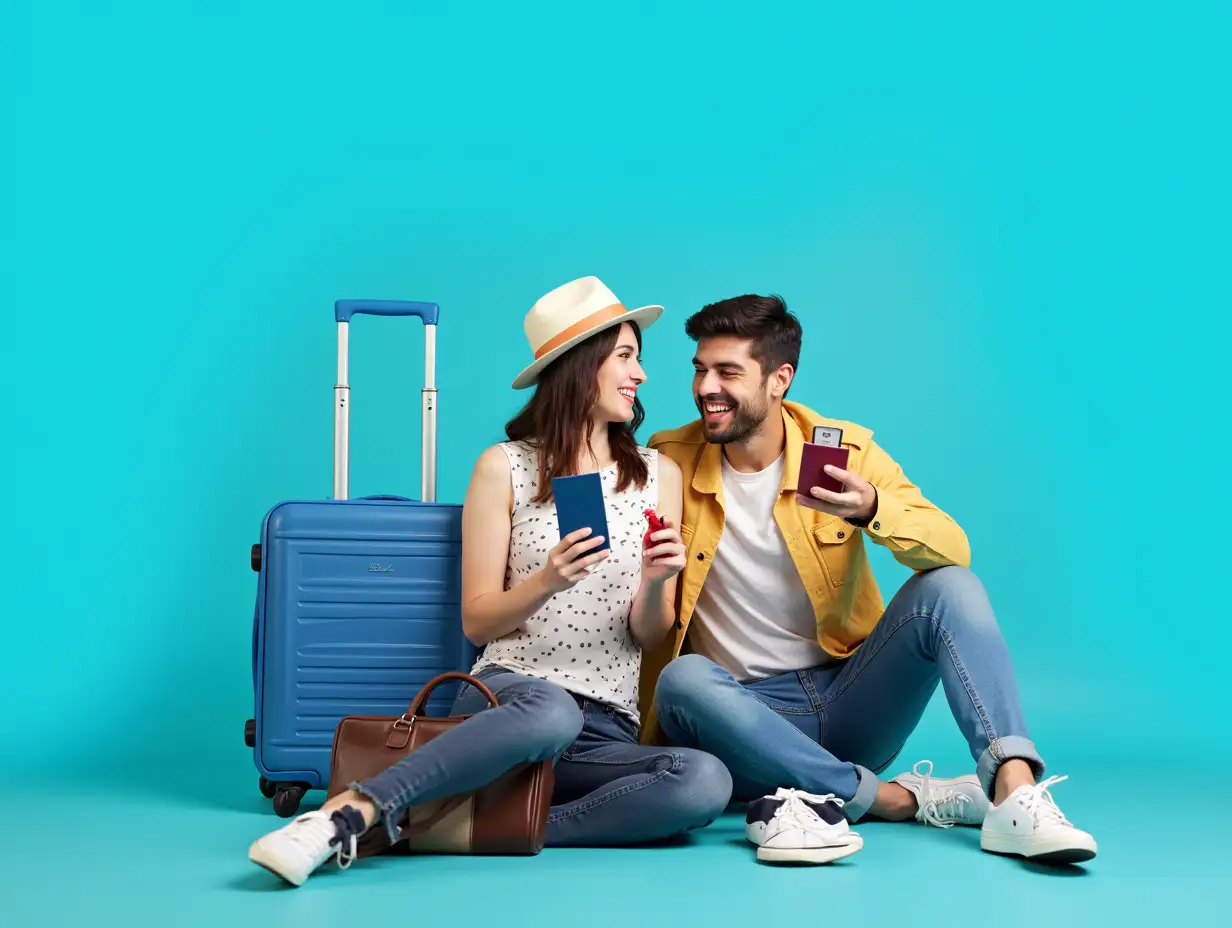 Beautiful young happy couple of tourists with suitcase, passport and camera sitting on blue background