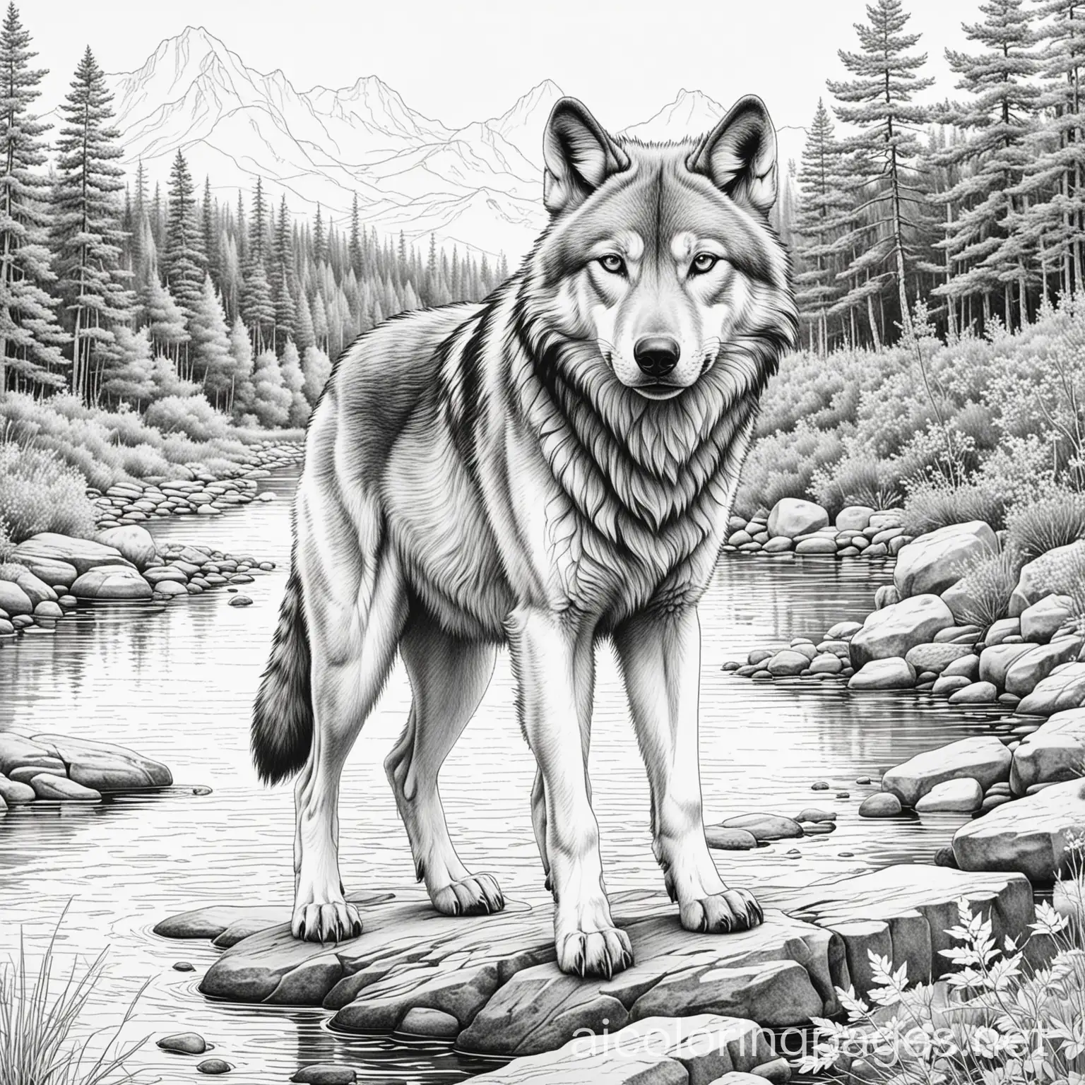 Stylized-Black-Line-Drawing-of-a-Wolf-by-a-River