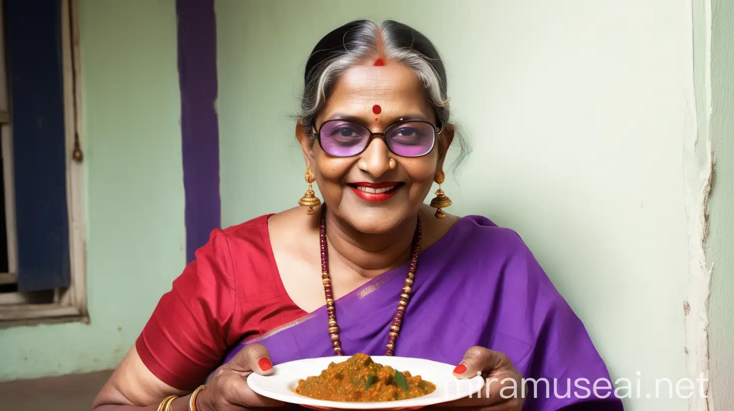 Indian Mature Woman Enjoying Mutton Curry Dinner