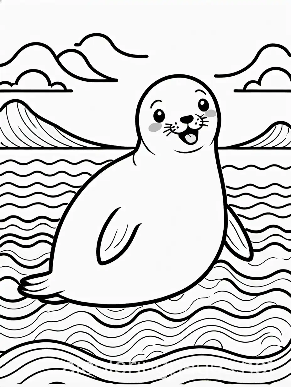 happy cute seal smiling coloring page for toddlers, Coloring Page, black and white, line art, white background, Simplicity, Ample White Space. The background of the coloring page is plain white to make it easy for young children to color within the lines. The outlines of all the subjects are easy to distinguish, making it simple for kids to color without too much difficulty, Coloring Page, black and white, line art, white background, Simplicity, Ample White Space. The background of the coloring page is plain white to make it easy for young children to color within the lines. The outlines of all the subjects are easy to distinguish, making it simple for kids to color without too much difficulty