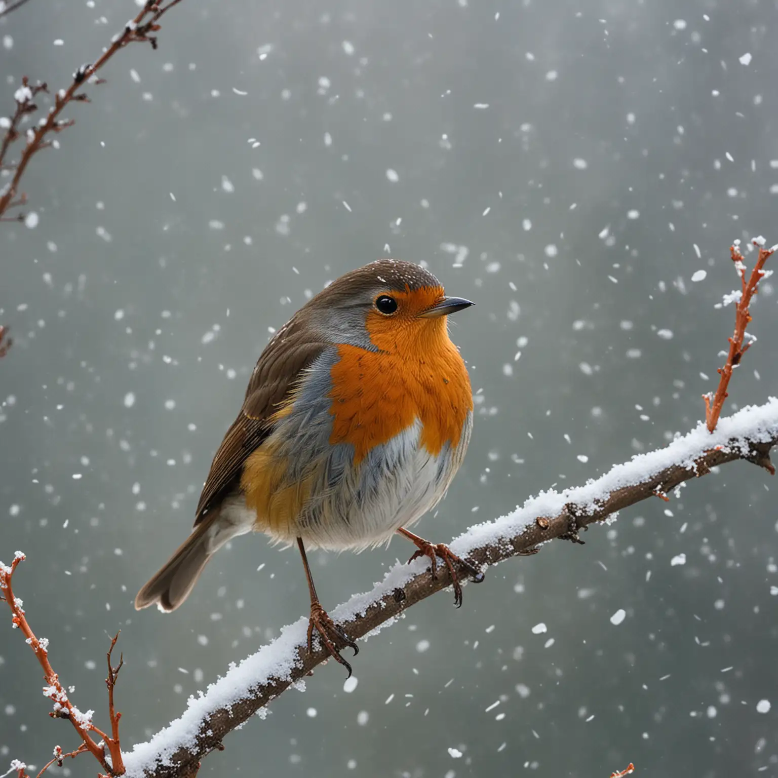 Winter Scene Robin Sitting on SnowCovered Branch