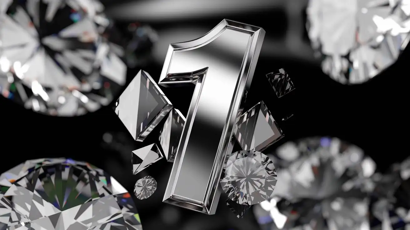 1 text, in a futuristic, chrome, 3d, high-def font, breaking through diamonds, glass and shines, blurred black background