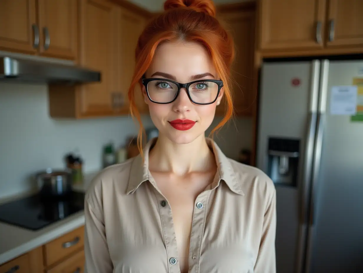 Flirtatious-Student-Posing-in-Kitchen-with-Red-Lipstick-and-Buttoned-Shirt