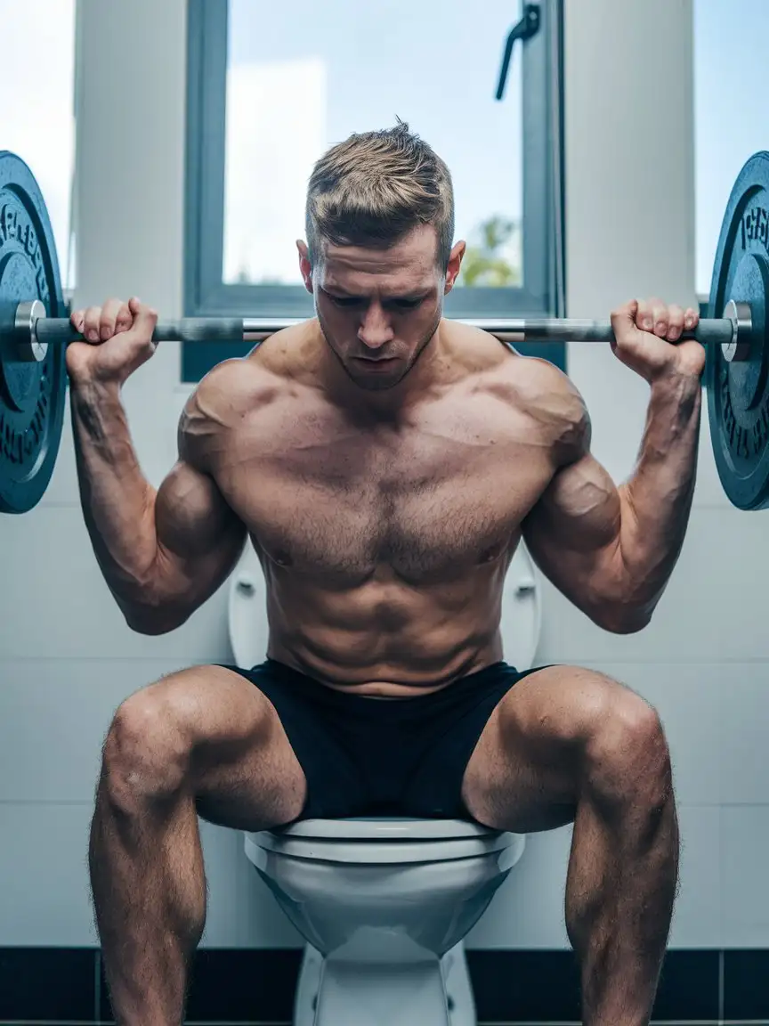 An athlete sits in the toilet on the toilet and does physical exercises lifts weights