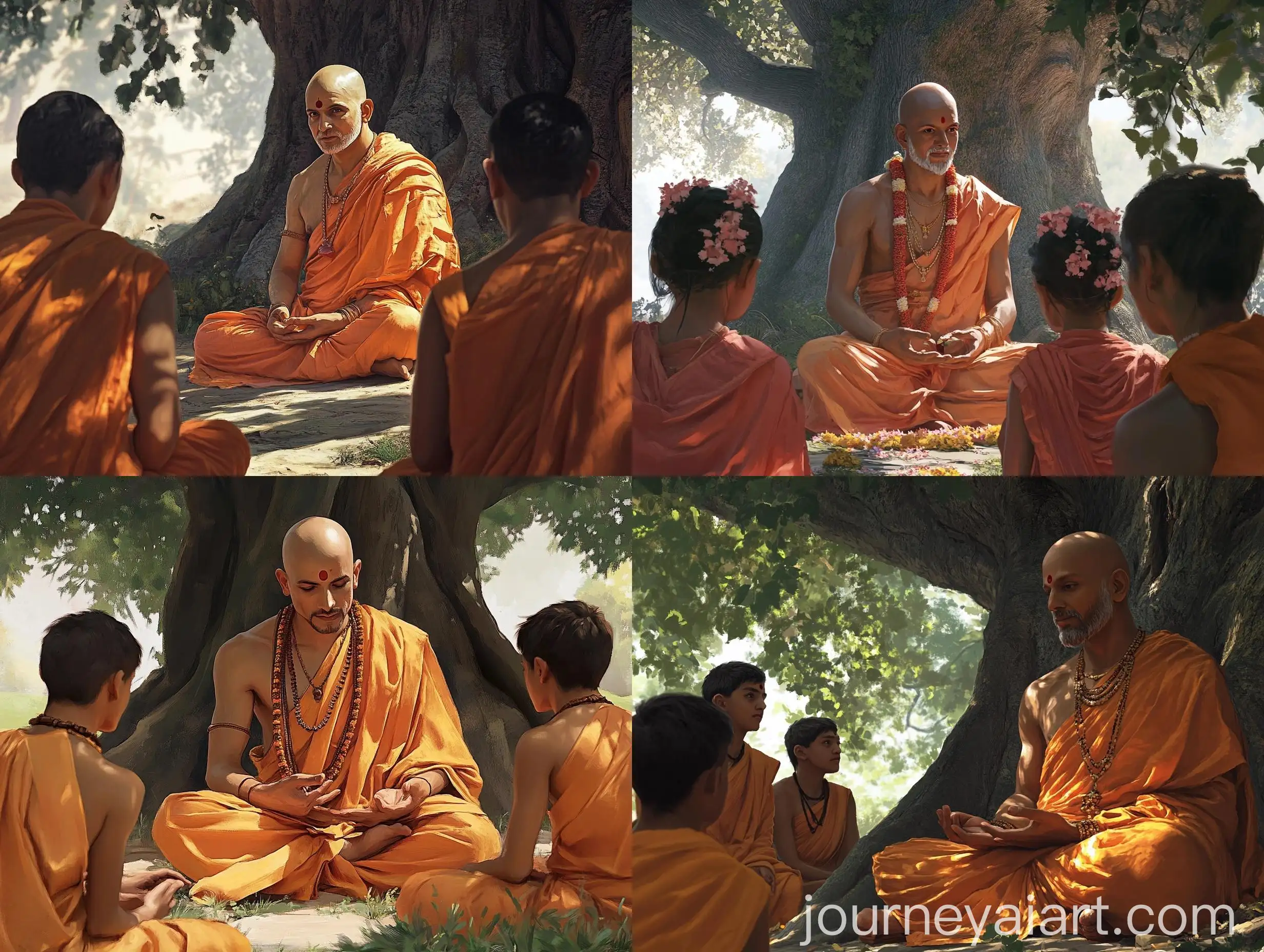 Beautiful-Indian-Hindu-Saint-Teaching-Four-Disciples-Under-Tree