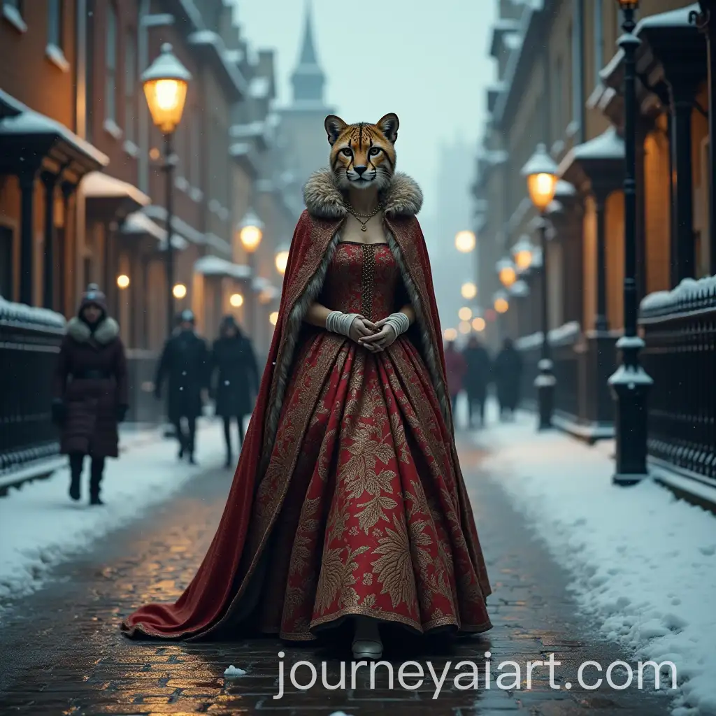 Regal-British-Queen-with-Cheetah-Head-Strolling-Through-Snowy-London-Streets