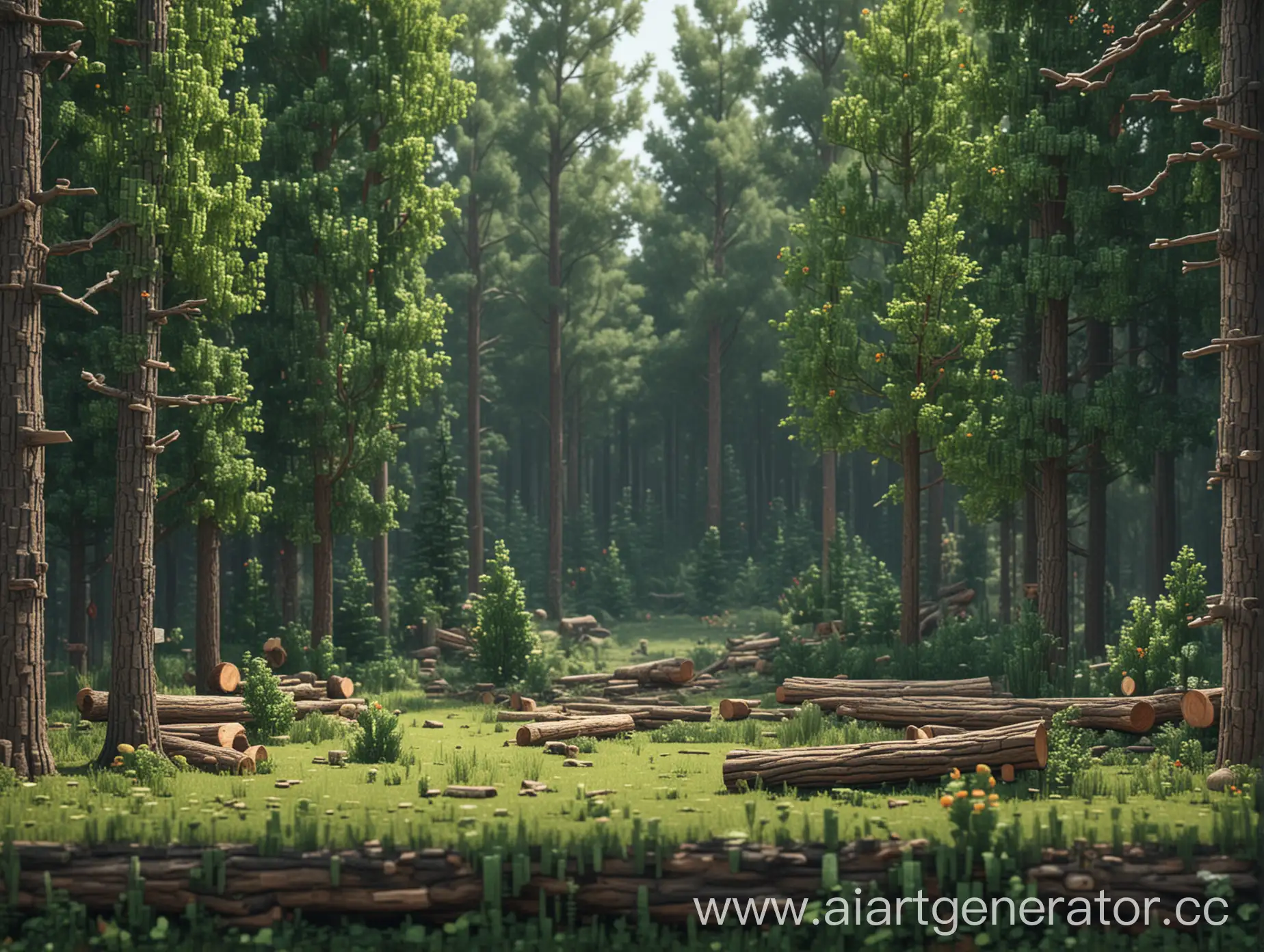 Pixel-Forest-Landscape-with-Bushes-and-Logs