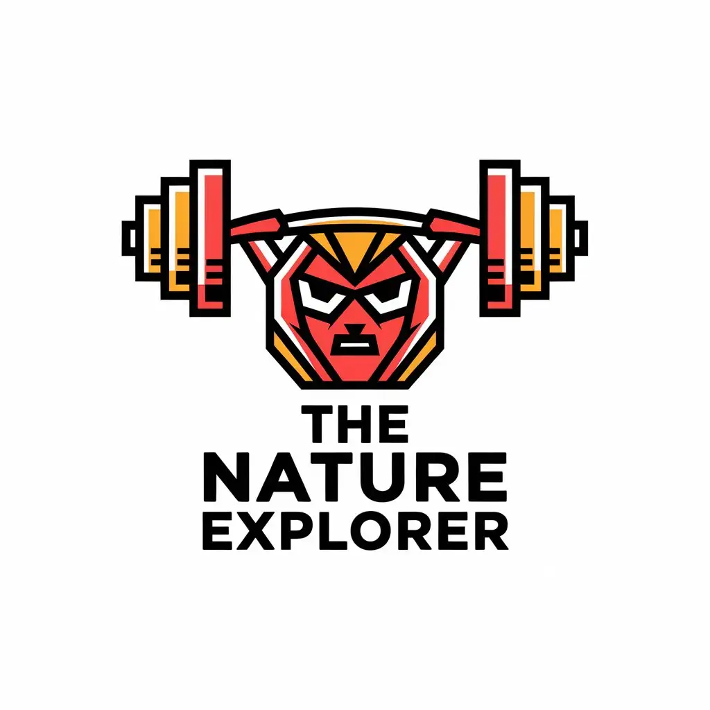 LOGO Design for The Nature Explorer Vibrant Red Orange Yellow Barbell Mascot with Strength Theme