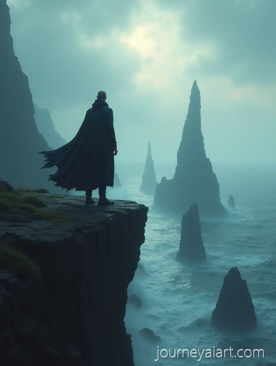 FantasyFantasy-man-on-cliff-Artwork-of-a-Man-with-a-Cape-Standing-on-a-Cliff-Overlooking-a-Sea-with-Sharp-Islands
