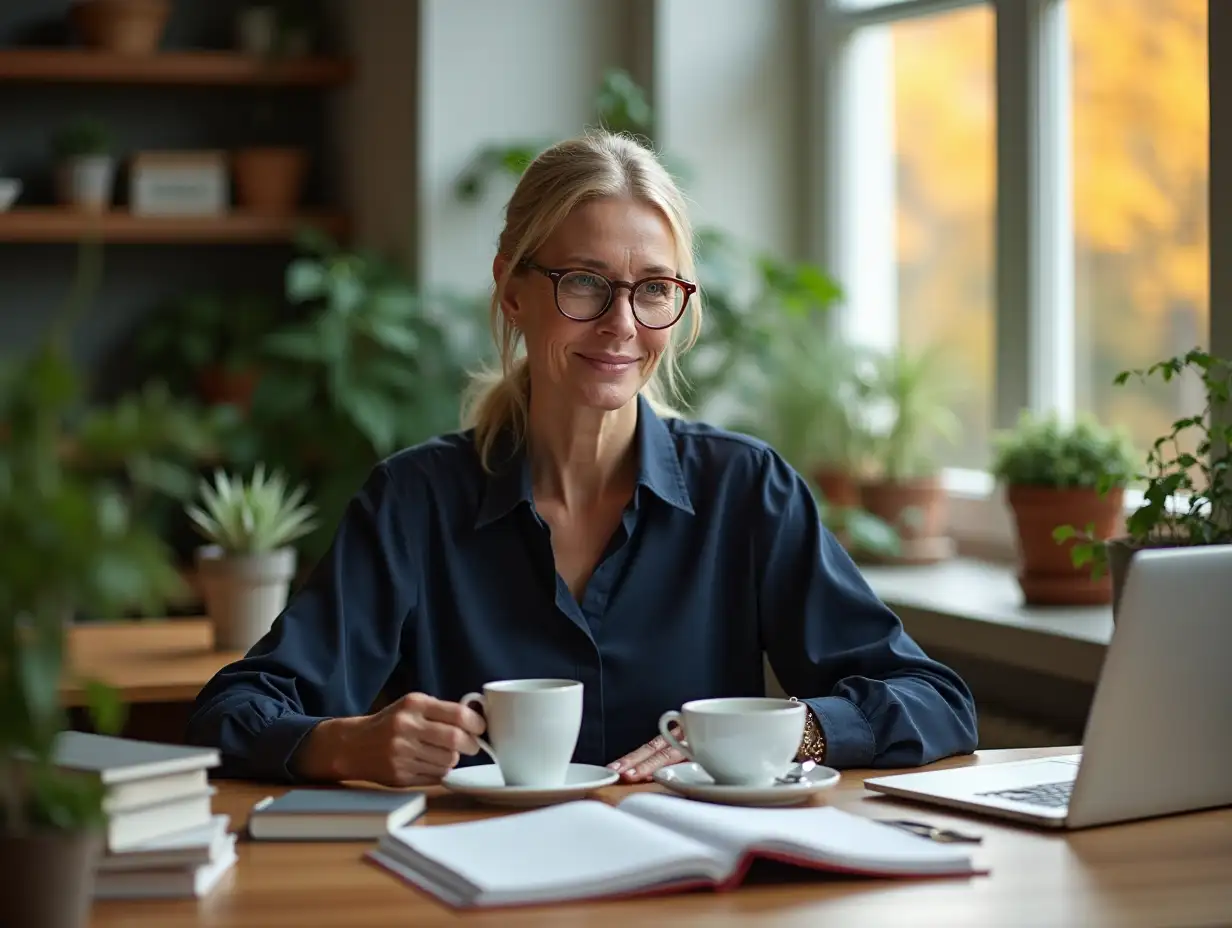 50-year-old woman sitting at a wooden table in a cozy room. She has light hair, gathered in a neat ponytail. She wears a stylish dark-blue blouse and glasses. In front of her on the table is a cup of coffee, several books and a laptop. The lighting is soft, and a bright autumn day can be seen through the window. There are many green plants and cozy decorative elements in the room.