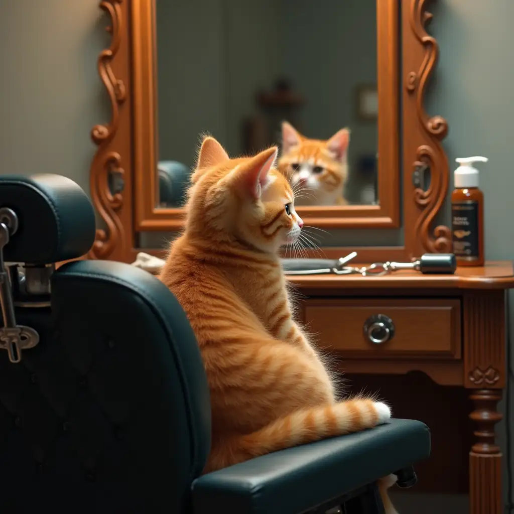 Ginger sweet real kitten sits in a barbershop chair in front of the mirror. The kitty looks in the mirror on the dresser. On the dresser are barber's tools, scissors, a shaving machine and shampoo