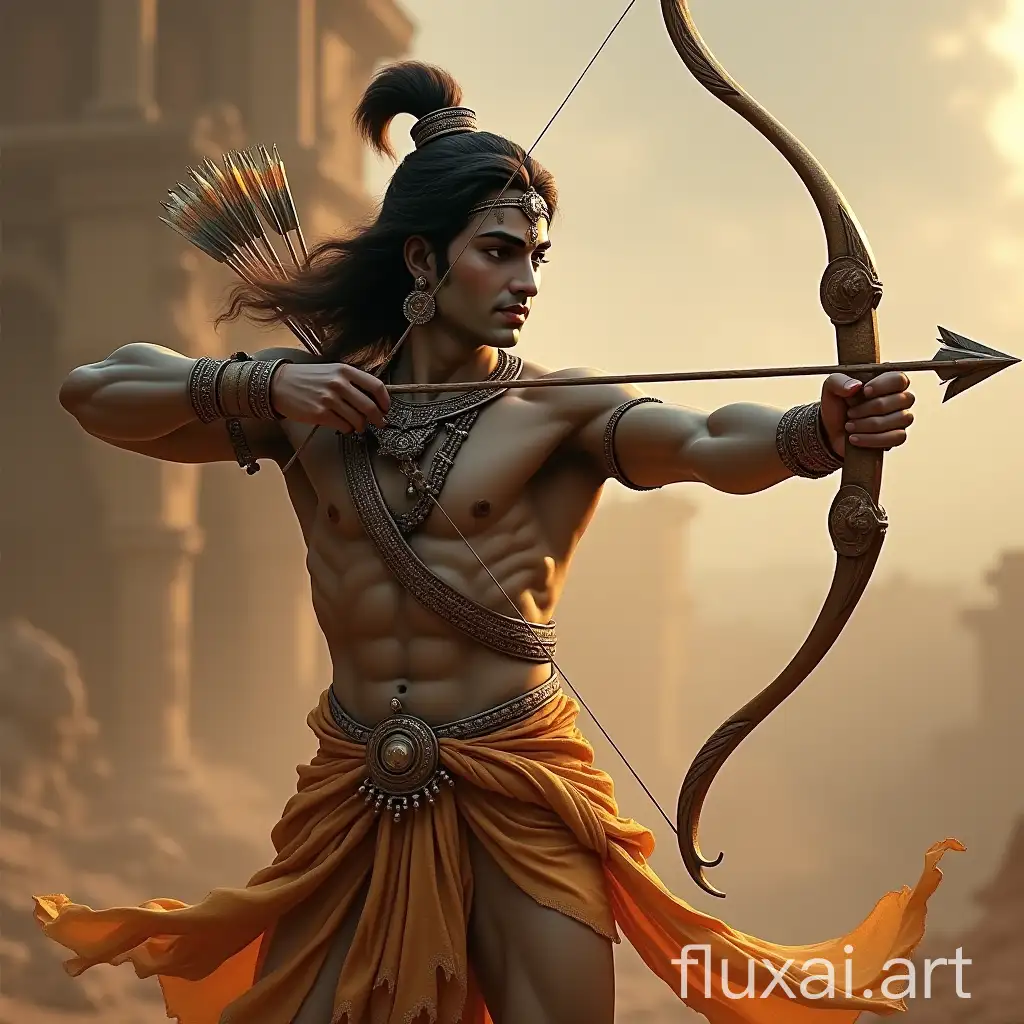 shree krishna with muscles using bow and arrow in mahabharata