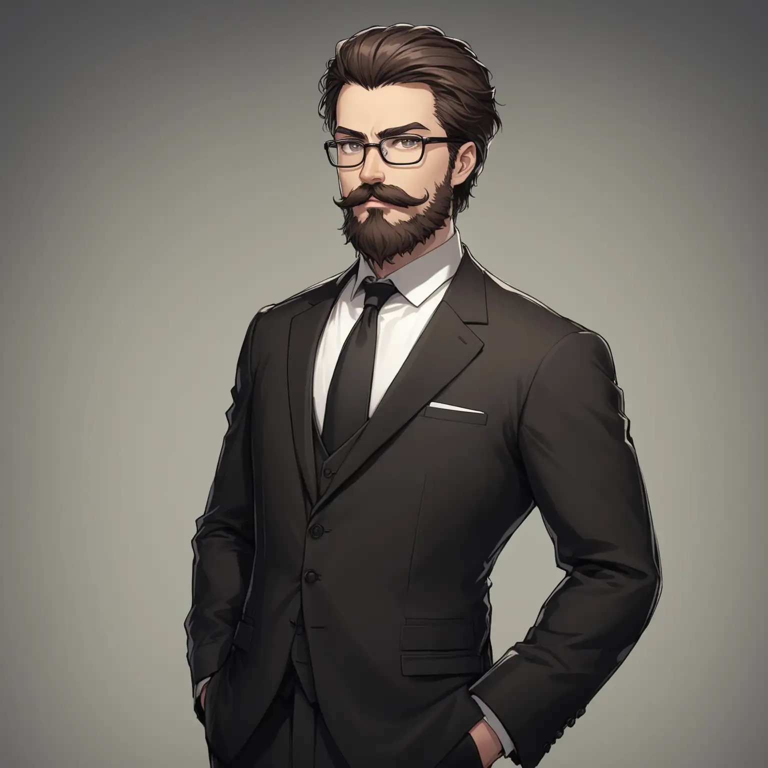 A young man with short, neatly trimmed dark brown hair, wearing black, rectangular-framed glasses. He has a light, well-groomed beard and mustache. He is dressed in a slim-fitting black suit jacket with matching black pants, a crisp white dress shirt, and a straight black tie. His build is average, with broad shoulders and a relaxed posture. He is standing with his hands casually in his pockets, looking straight ahead with a composed expression.