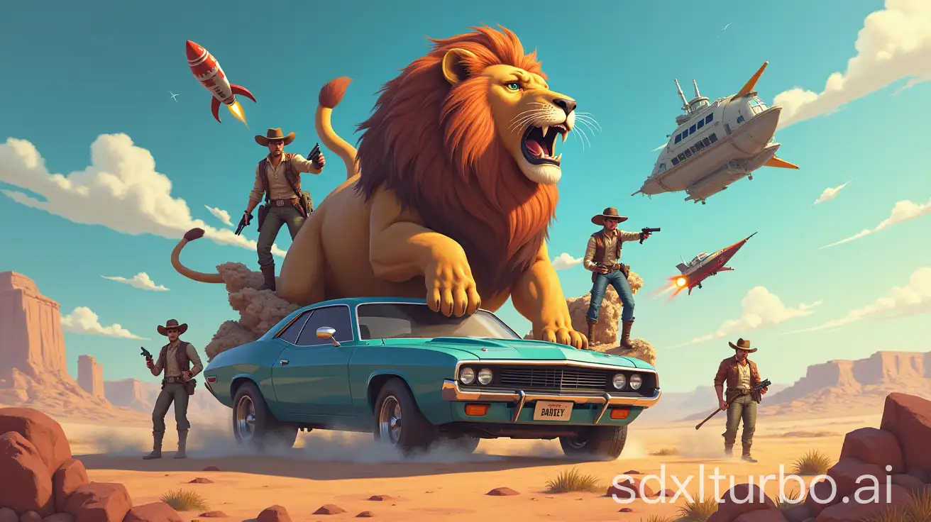 a video game scene with lots of elements on top of each other: a lion, a spaceship, a car, cowboys, a gun, a rocket, a boat