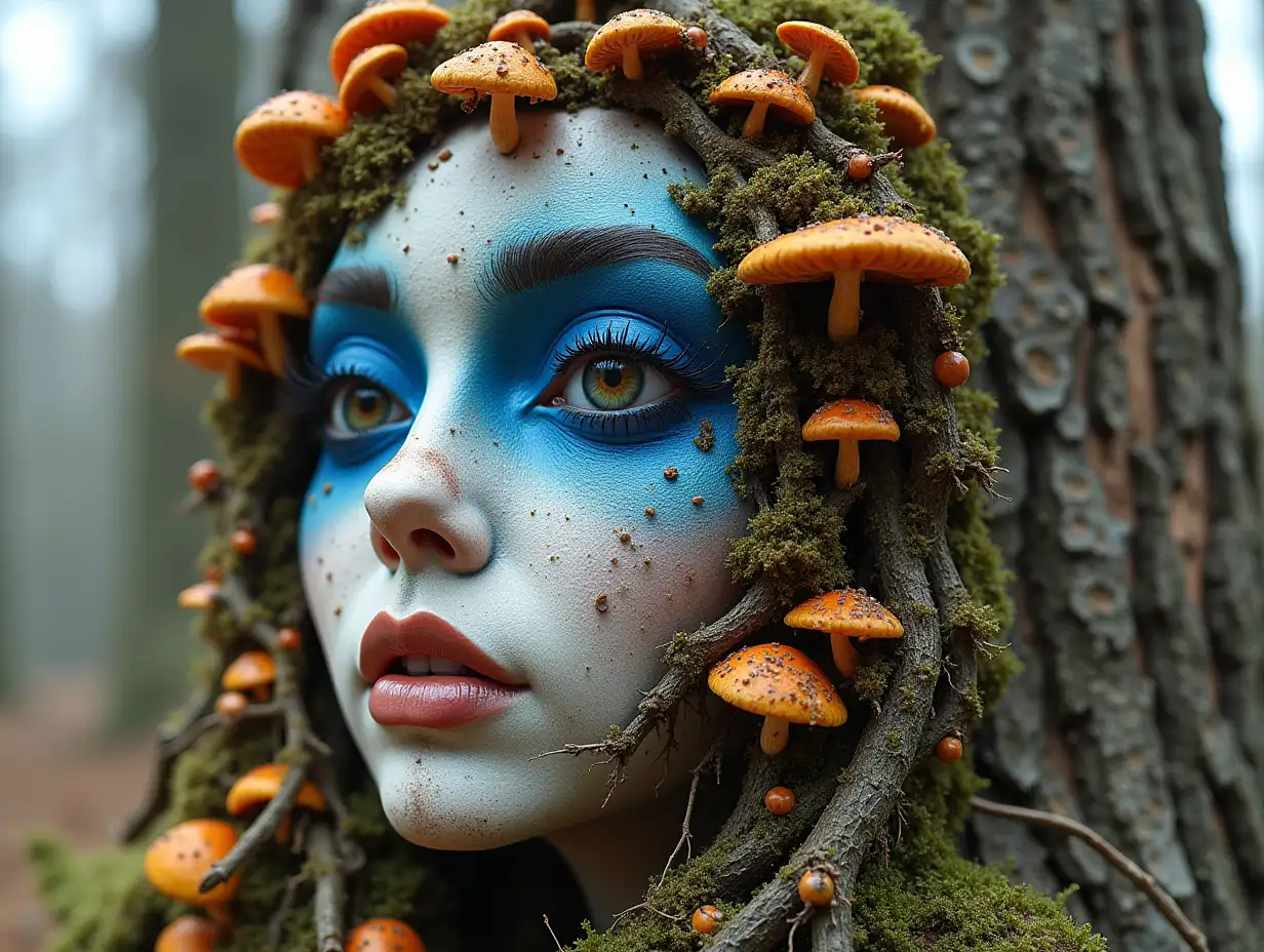 Face with blue Fly AgaricnRoots transformed into Building