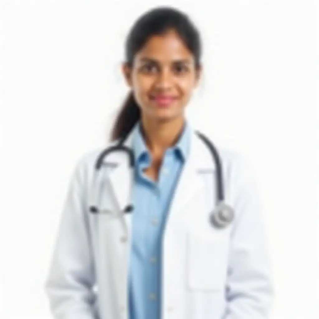 Indian female Doctor with solid white background, background should not have gradient