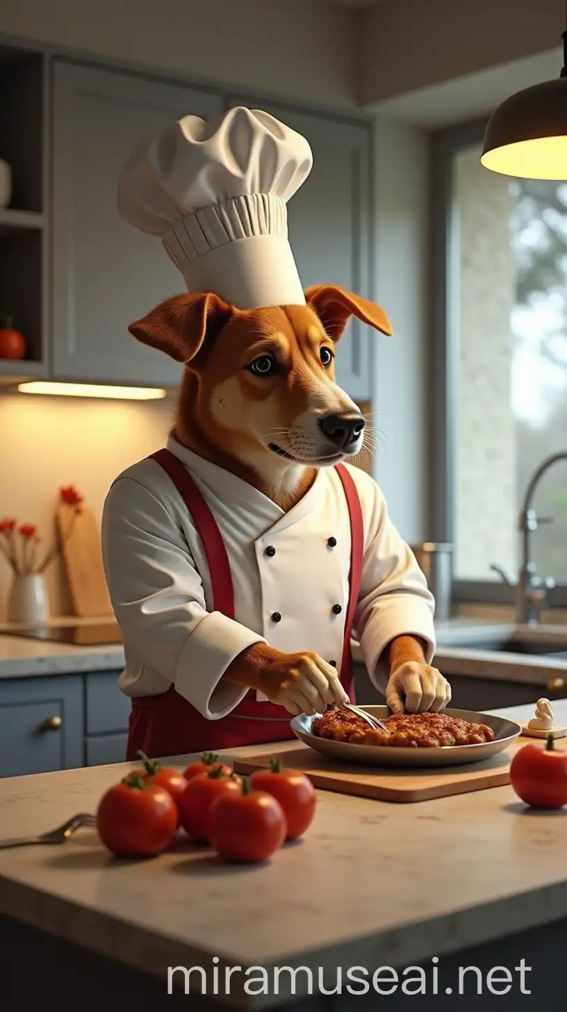 anthropomorphic dog dressed as a chef cooking on a counter in a well-lit modern kitchen.