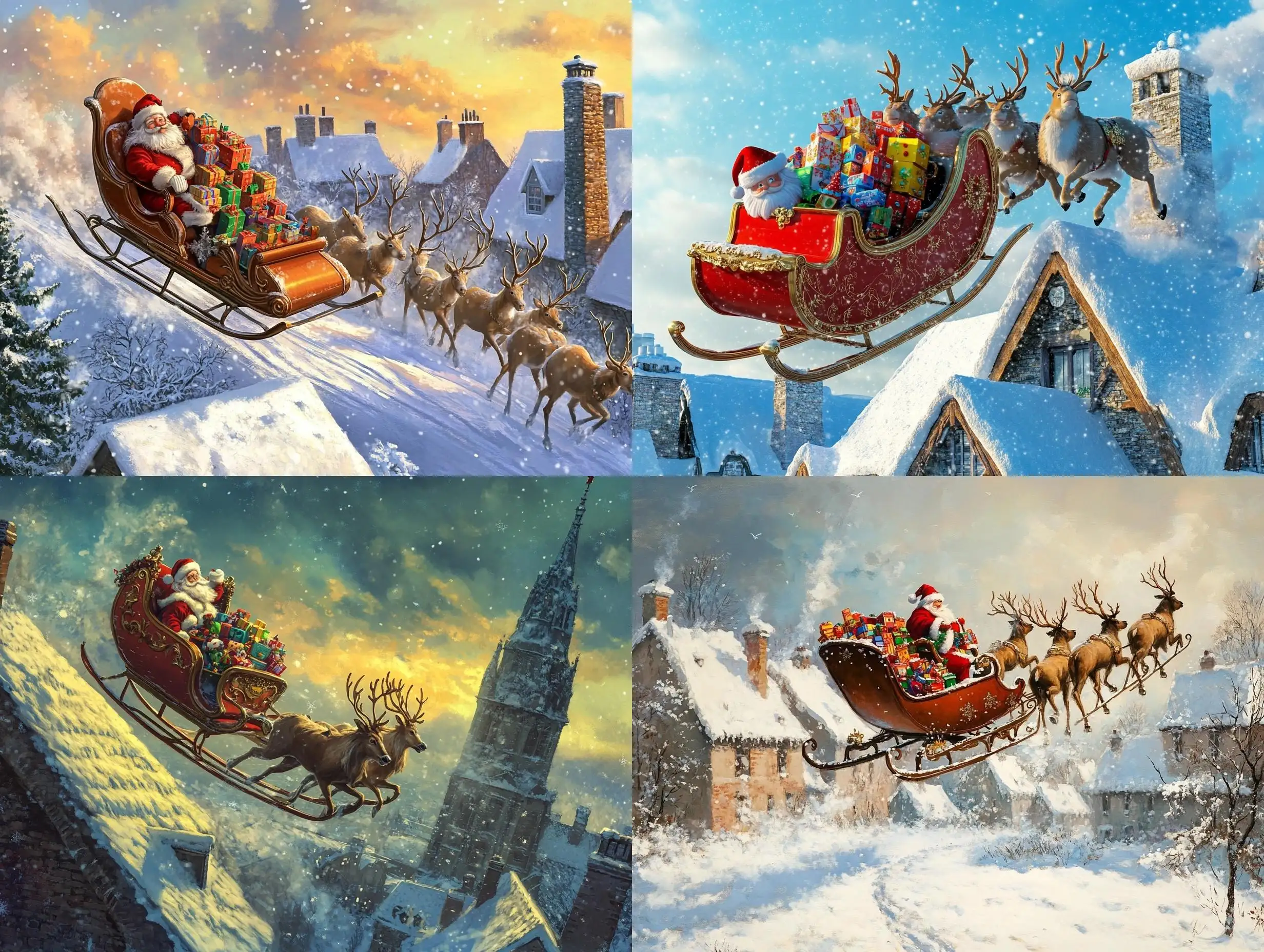 Santas-Sleigh-Full-of-Toys-Pulled-by-Reindeer-Flying-Above-Rooftops