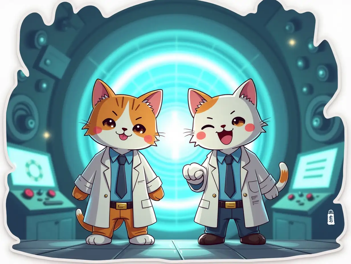 two funny kawaii positive cats in the image of a scientist with office clothes and a white coat with an atom symbol stand in front of a white control panel of a nuclear reactor, behind it in an electric glow is an open reactor shaft with fuel assemblies and control rods, the shaft is illuminated by light turquoise light from the released energy.  die cut sticker design top-view, high resolution, vector art, white background, paint in anime style