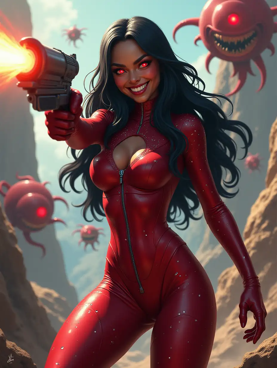 Digital painting, hyperrealism. A zoomorphic panther woman with long black hair and red glowing eyes, shoots a space blaster, smiles with white teeth, in a tight crimson spacesuit with sequins and a scattering of cubic zirconia, stands in the middle of a futuristic, otherworldly landscape, and strange fantastic creatures with huge eyes and bizarre tentacles fly around her.