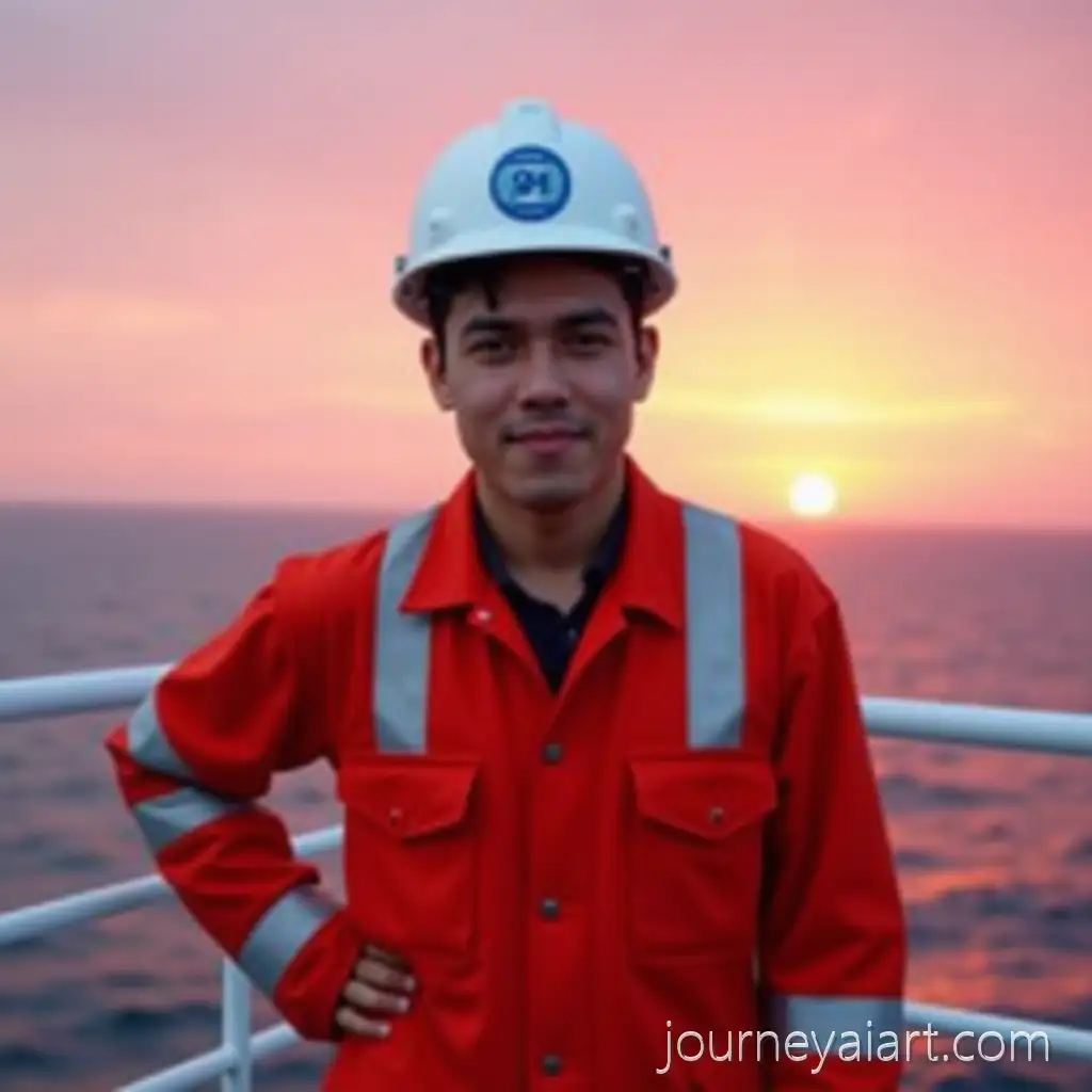 Man-inMan-on-ship-deck-sunset-Red-Work-Uniform-on-Ship-Deck-at-Sunset